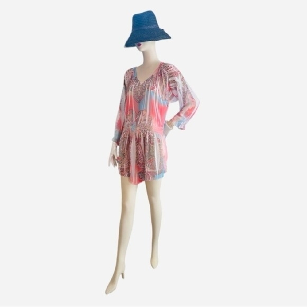 Daniel Benjamin Sheer Studded Tunic Blouse Dress Multicolor V-Neck Size M - Picture 6 of 11